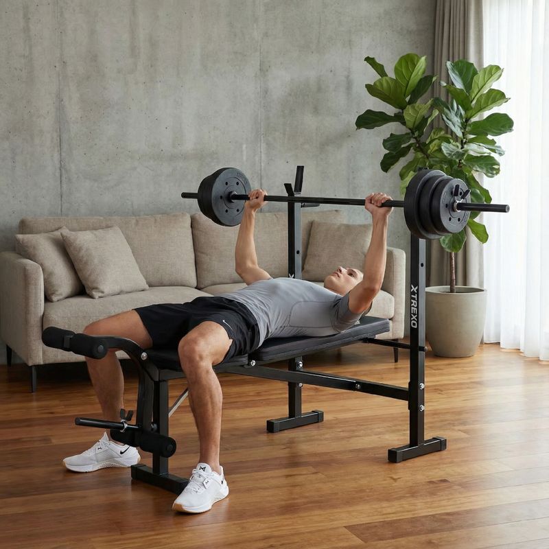 Posilovací lavice XTREXO BenchFit Lite se stojanem a činkou black 3